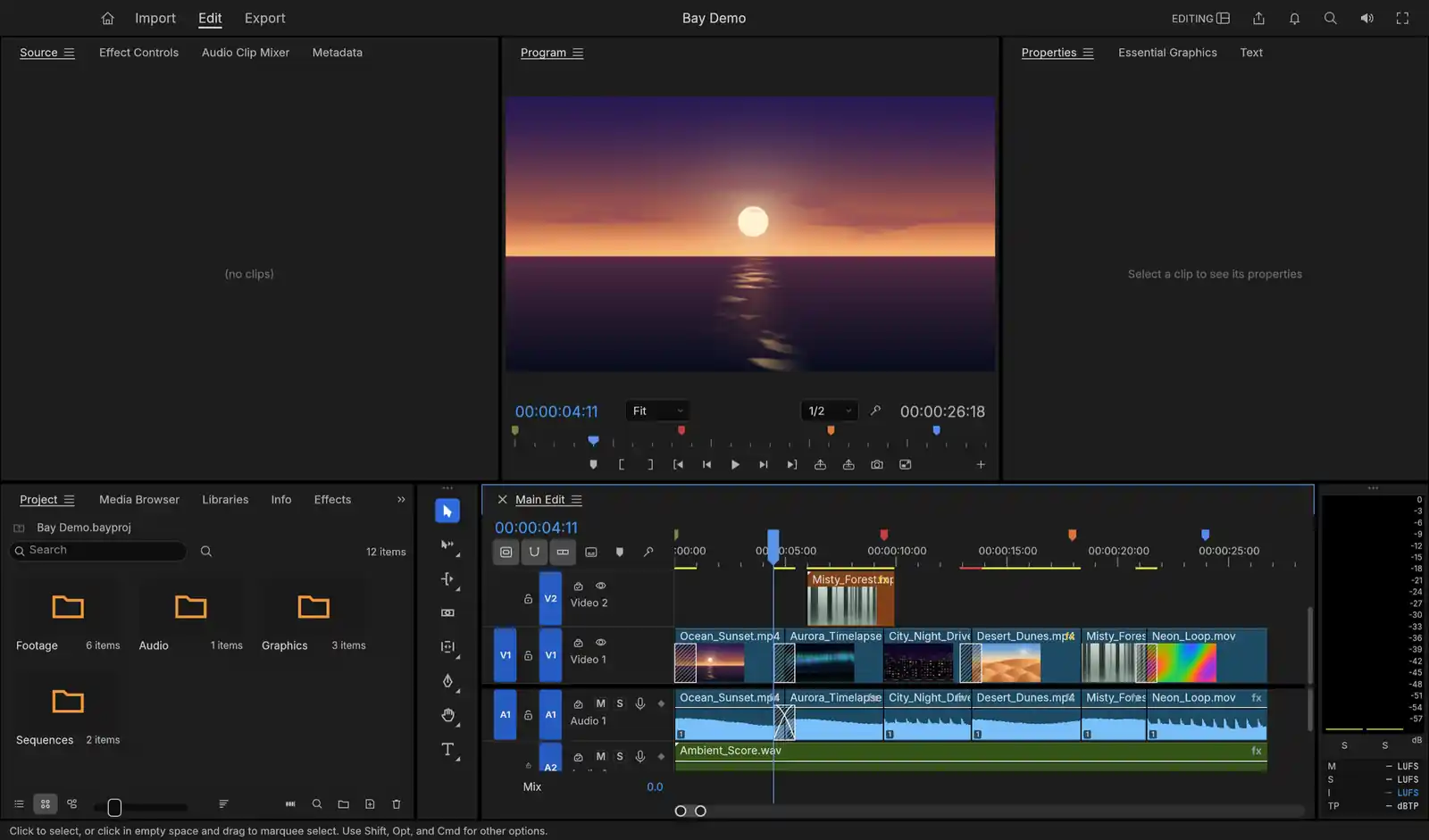 The editor with a demo project open: a sunset in the Program monitor above a timeline of six clips on two video tracks and two audio tracks.