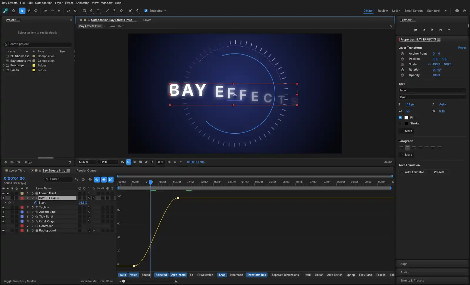 The Graph Editor open under a title animation: the curve of the title's text reveal eases from 0 up to 100.