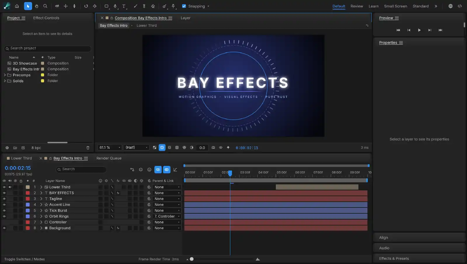 A title animation open in the composition viewer: glowing lettering inside a ring of tick marks, with its eight layers keyframed on the timeline below.