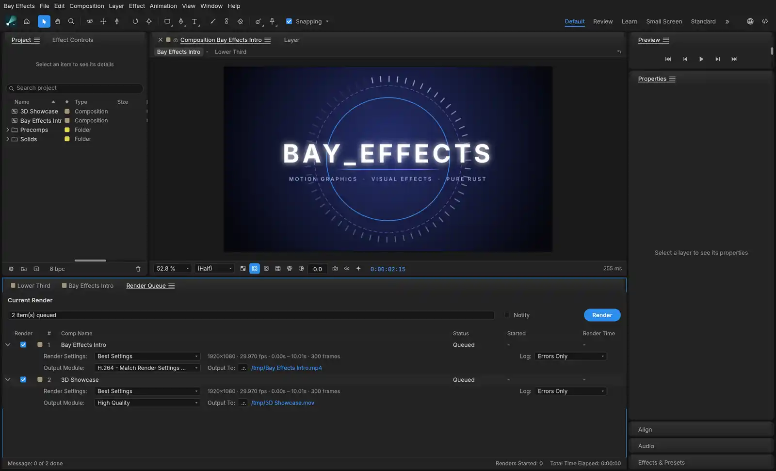 The Render Queue with two compositions queued, one to an H.264 MP4 and one to a QuickTime movie, each with its render settings and output path.
